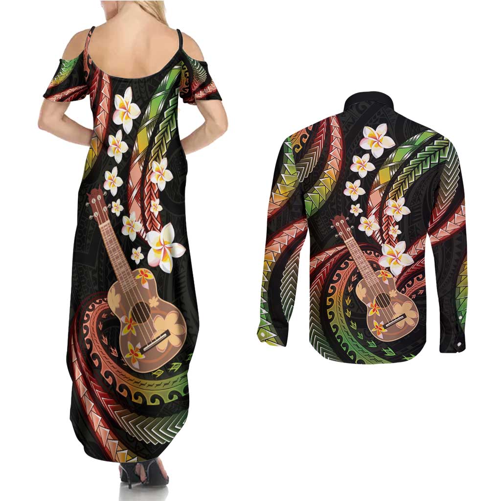 Hawaiian Ukulele Couples Matching Summer Maxi Dress and Long Sleeve Button Shirt Jawaiian Fantastic Plumeria
