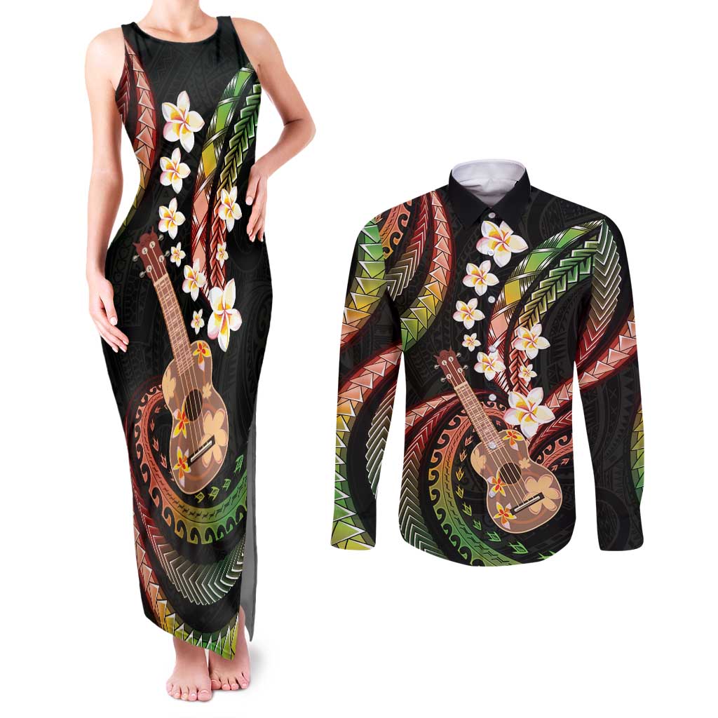 Hawaiian Ukulele Couples Matching Tank Maxi Dress and Long Sleeve Button Shirt Jawaiian Fantastic Plumeria