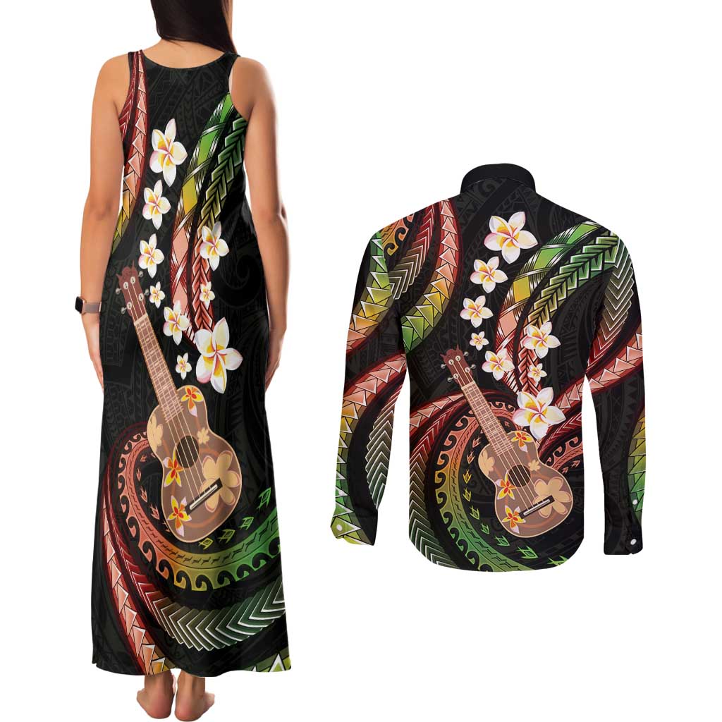 Hawaiian Ukulele Couples Matching Tank Maxi Dress and Long Sleeve Button Shirt Jawaiian Fantastic Plumeria