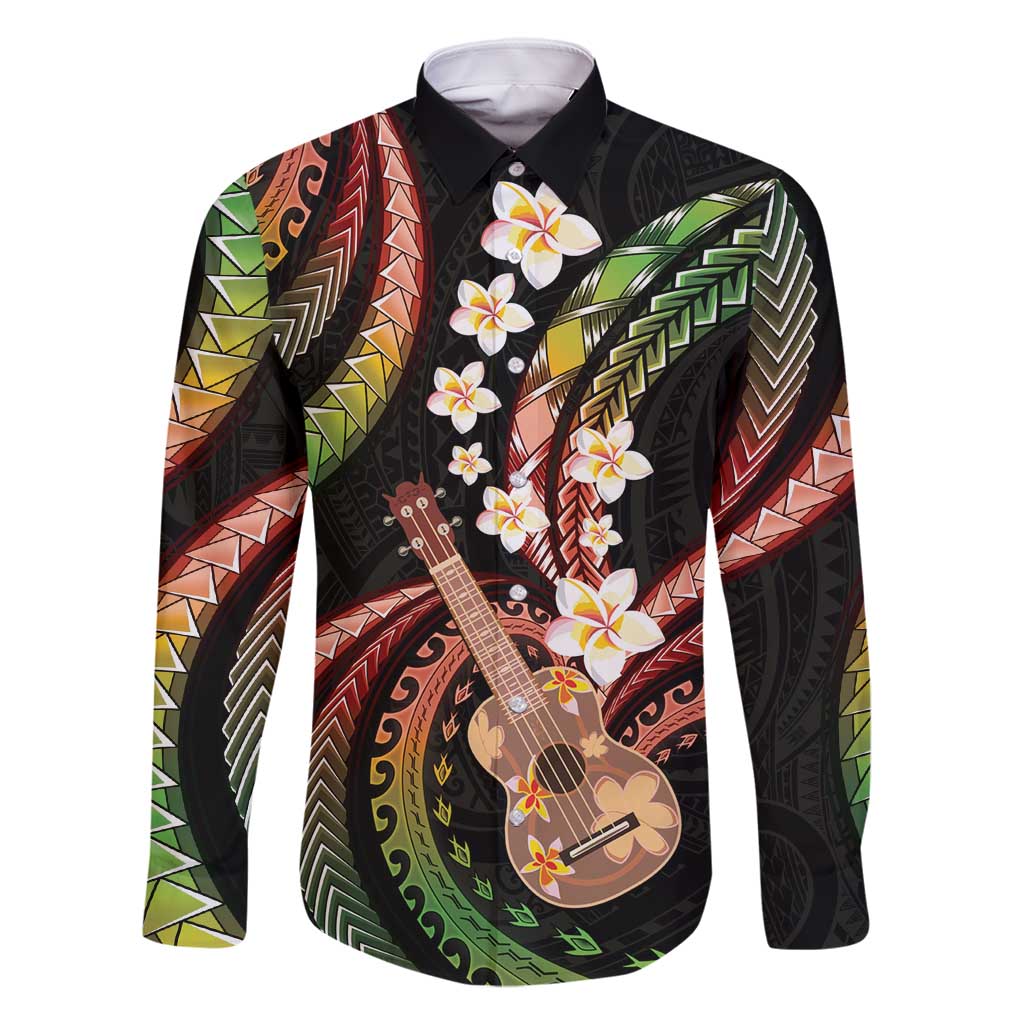 Hawaiian Ukulele Family Matching Long Sleeve Bodycon Dress and Hawaiian Shirt Jawaiian Fantastic Plumeria LT01 Dad's Shirt - Long Sleeve Reggae - Polynesian Pride