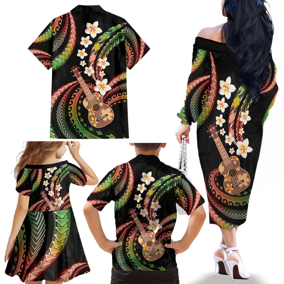 Hawaiian Ukulele Family Matching Off The Shoulder Long Sleeve Dress and Hawaiian Shirt Jawaiian Fantastic Plumeria LT01 - Polynesian Pride