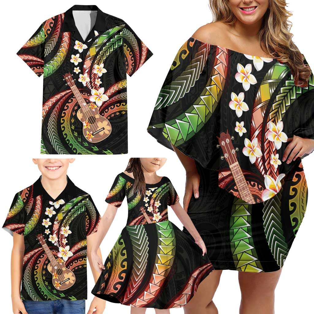 Hawaiian Ukulele Family Matching Off Shoulder Short Dress and Hawaiian Shirt Jawaiian Fantastic Plumeria LT01 - Polynesian Pride