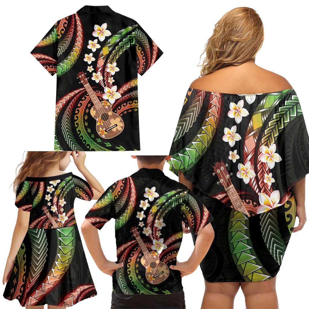Hawaiian Ukulele Family Matching Off Shoulder Short Dress and Hawaiian Shirt Jawaiian Fantastic Plumeria LT01 - Polynesian Pride