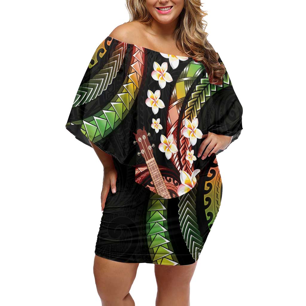 Hawaiian Ukulele Family Matching Off Shoulder Short Dress and Hawaiian Shirt Jawaiian Fantastic Plumeria LT01 Mom's Dress Reggae - Polynesian Pride