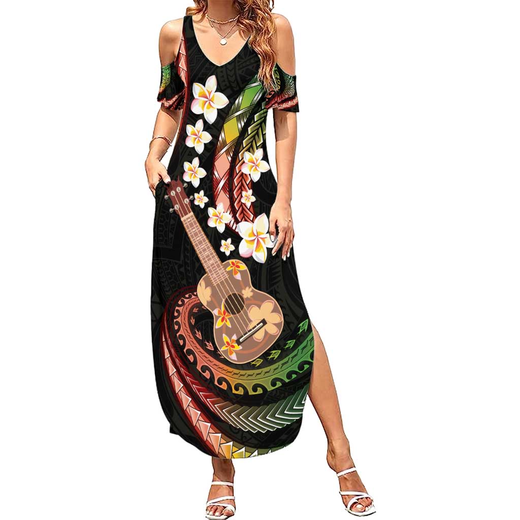 Hawaiian Ukulele Family Matching Summer Maxi Dress and Hawaiian Shirt Jawaiian Fantastic Plumeria LT01 Mom's Dress Reggae - Polynesian Pride