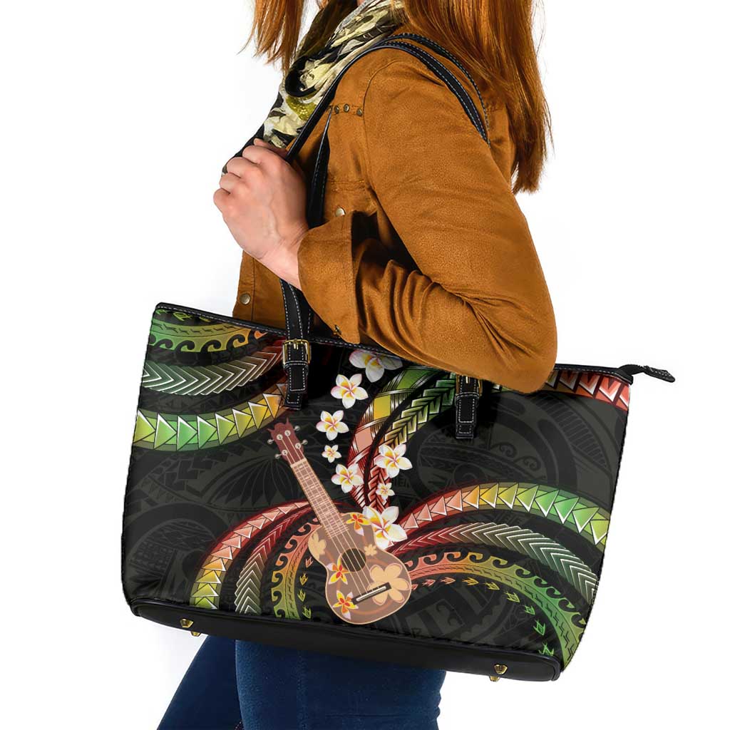 Hawaiian Ukulele Leather Tote Bag Jawaiian Fantastic Plumeria