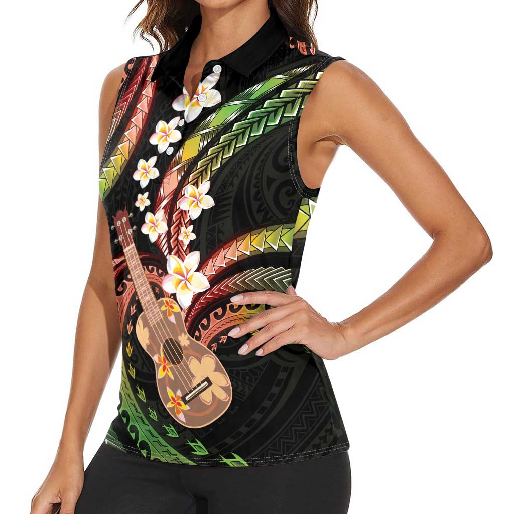 Hawaiian Ukulele Women Sleeveless Polo Shirt Jawaiian Fantastic Plumeria