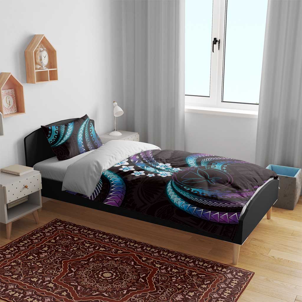 Hawaii Map Kanaka Maoli Bedding Set Fantastic Frangipani Amethyst Gradient
