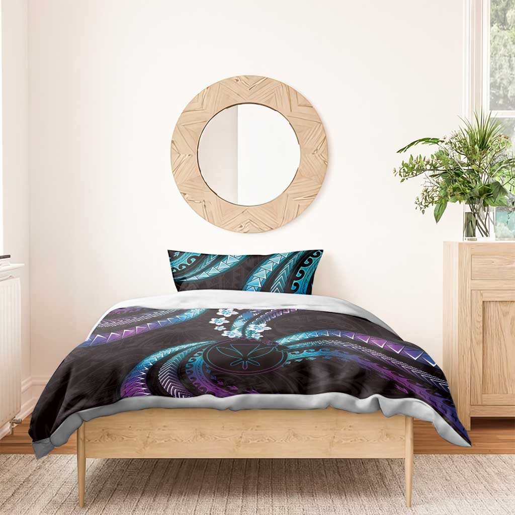 Hawaii Map Kanaka Maoli Bedding Set Fantastic Frangipani Amethyst Gradient