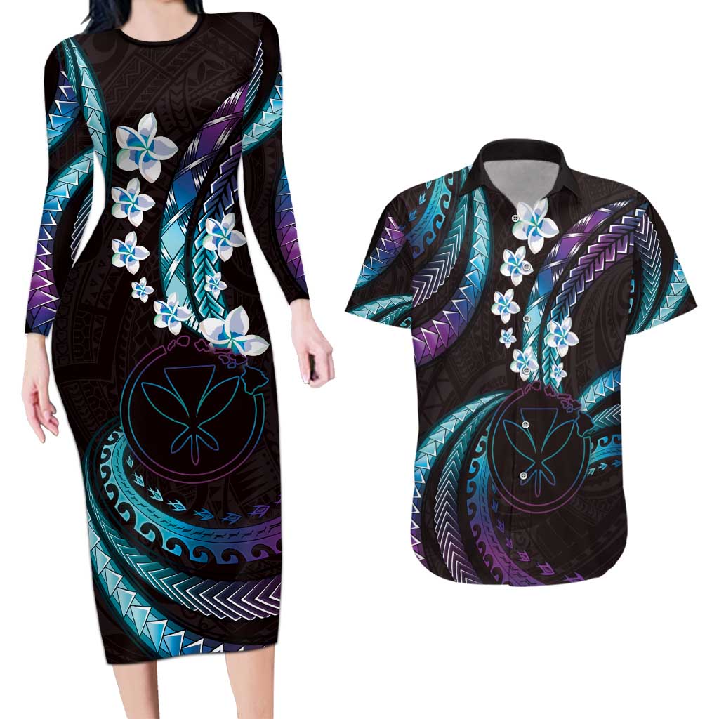 Hawaii Map Kanaka Maoli Couples Matching Long Sleeve Bodycon Dress and Hawaiian Shirt Fantastic Frangipani Amethyst Gradient