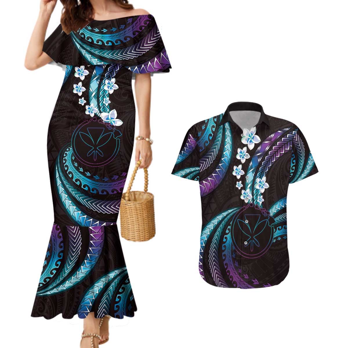 Hawaii Map Kanaka Maoli Couples Matching Mermaid Dress and Hawaiian Shirt Fantastic Frangipani Amethyst Gradient