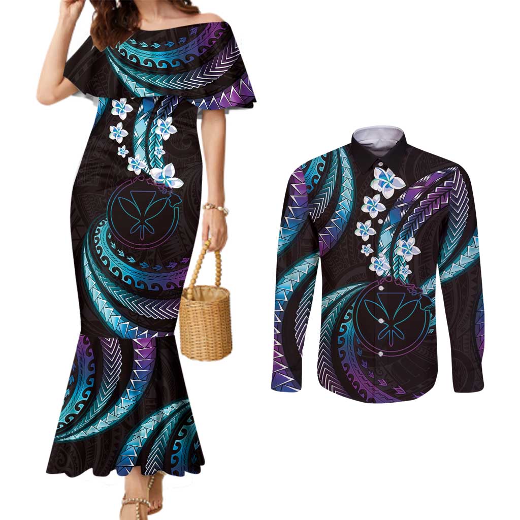 Hawaii Map Kanaka Maoli Couples Matching Mermaid Dress and Long Sleeve Button Shirt Fantastic Frangipani Amethyst Gradient