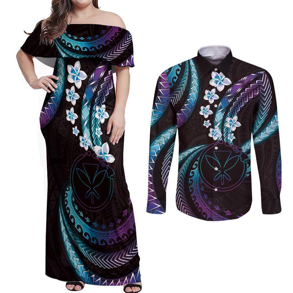 Hawaii Map Kanaka Maoli Couples Matching Off Shoulder Maxi Dress and Long Sleeve Button Shirt Fantastic Frangipani Amethyst Gradient