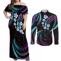 Hawaii Map Kanaka Maoli Couples Matching Off Shoulder Maxi Dress and Long Sleeve Button Shirt Fantastic Frangipani Amethyst Gradient