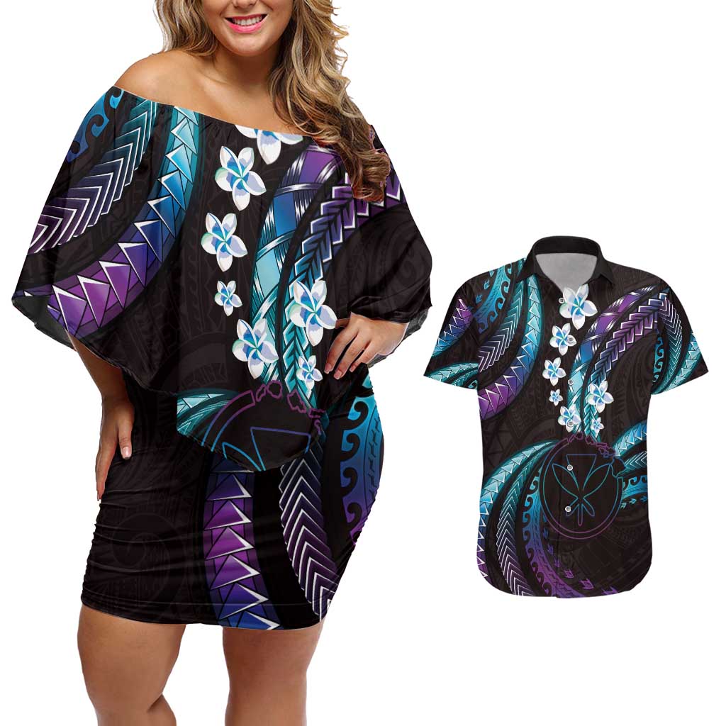Hawaii Map Kanaka Maoli Couples Matching Off Shoulder Short Dress and Hawaiian Shirt Fantastic Frangipani Amethyst Gradient