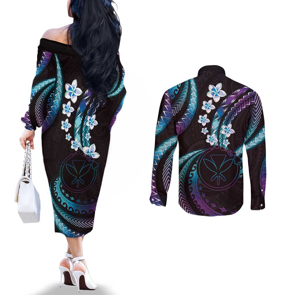 Hawaii Map Kanaka Maoli Couples Matching Off The Shoulder Long Sleeve Dress and Long Sleeve Button Shirt Fantastic Frangipani Amethyst Gradient