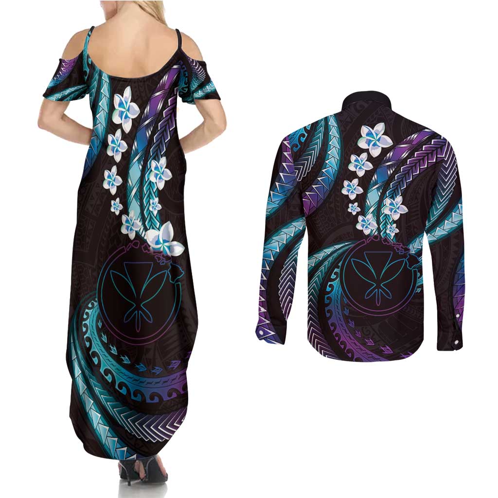 Hawaii Map Kanaka Maoli Couples Matching Summer Maxi Dress and Long Sleeve Button Shirt Fantastic Frangipani Amethyst Gradient
