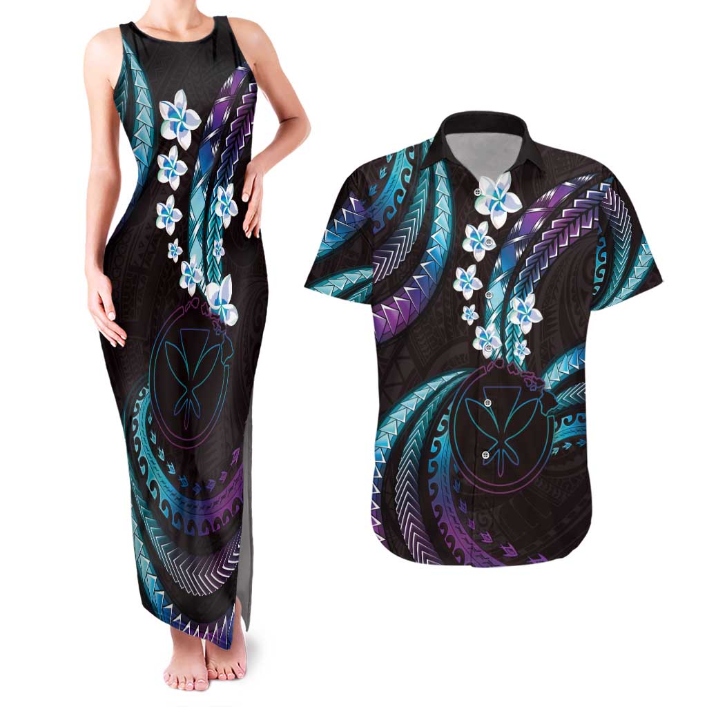 Hawaii Map Kanaka Maoli Couples Matching Tank Maxi Dress and Hawaiian Shirt Fantastic Frangipani Amethyst Gradient