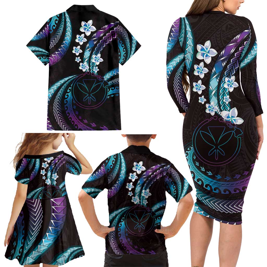 Hawaii Map Kanaka Maoli Family Matching Long Sleeve Bodycon Dress and Hawaiian Shirt Fantastic Frangipani Amethyst Gradient LT01 - Polynesian Pride