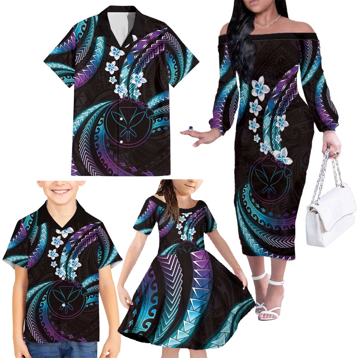 Hawaii Map Kanaka Maoli Family Matching Off The Shoulder Long Sleeve Dress and Hawaiian Shirt Fantastic Frangipani Amethyst Gradient LT01 - Polynesian Pride