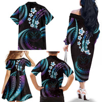 Hawaii Map Kanaka Maoli Family Matching Off The Shoulder Long Sleeve Dress and Hawaiian Shirt Fantastic Frangipani Amethyst Gradient LT01 - Polynesian Pride