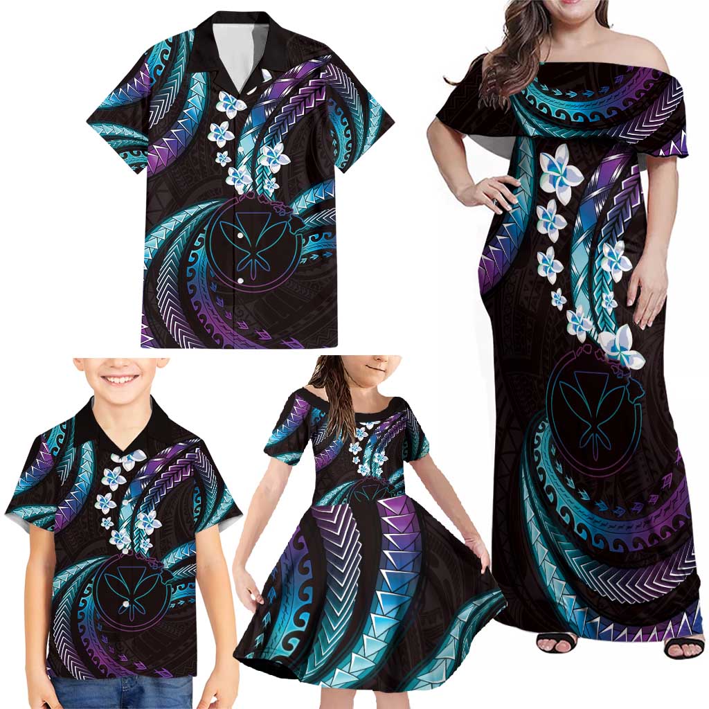 Hawaii Map Kanaka Maoli Family Matching Off Shoulder Maxi Dress and Hawaiian Shirt Fantastic Frangipani Amethyst Gradient LT01 - Polynesian Pride