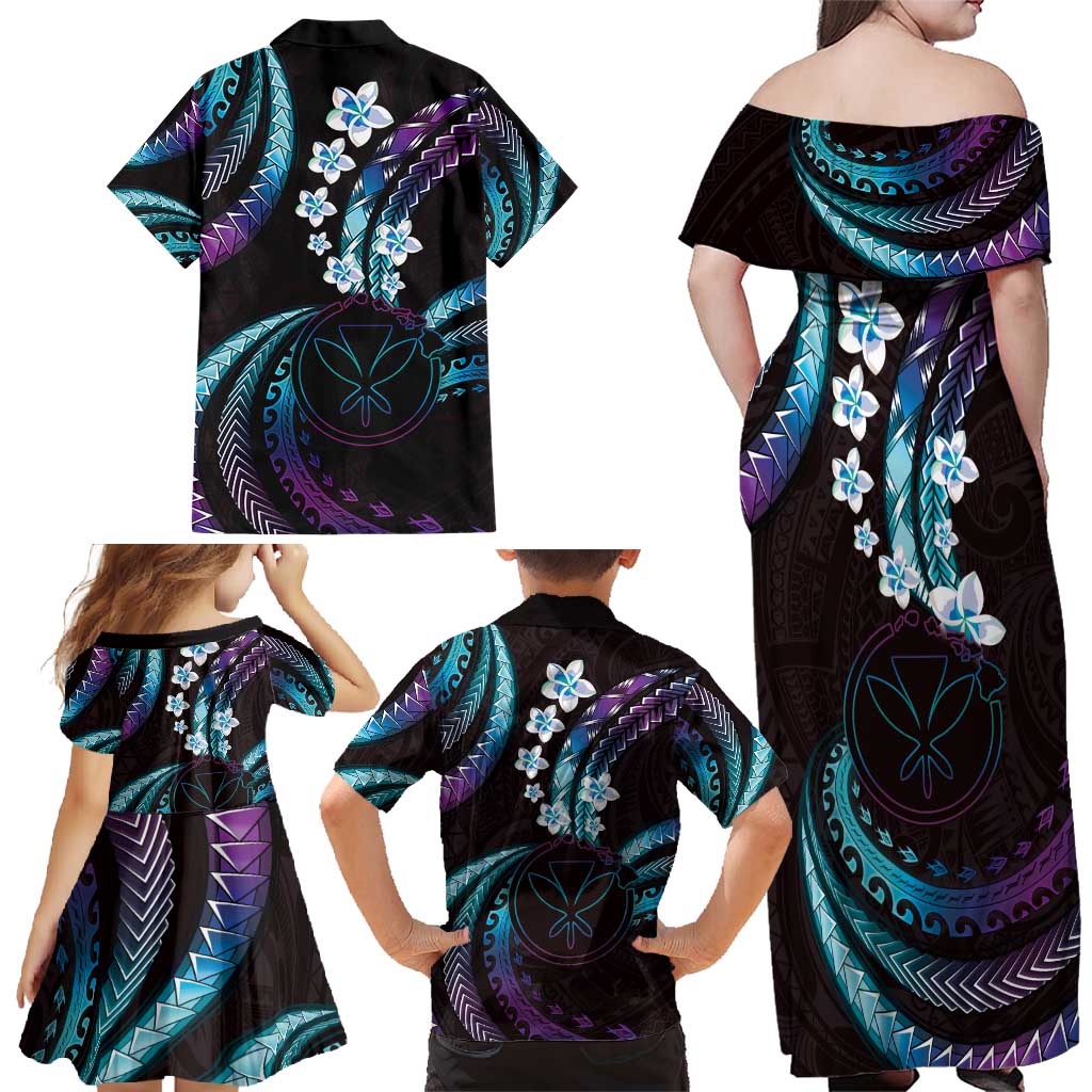 Hawaii Map Kanaka Maoli Family Matching Off Shoulder Maxi Dress and Hawaiian Shirt Fantastic Frangipani Amethyst Gradient LT01 - Polynesian Pride