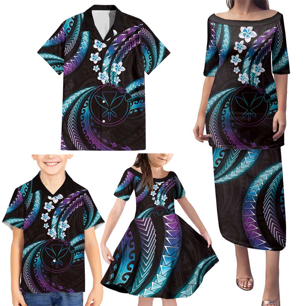 Hawaii Map Kanaka Maoli Family Matching Puletasi and Hawaiian Shirt Fantastic Frangipani Amethyst Gradient