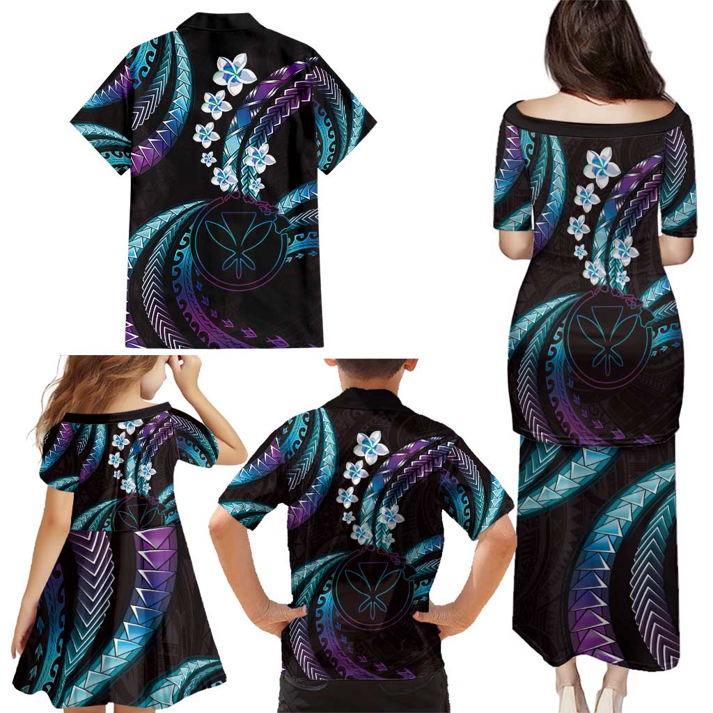 Hawaii Map Kanaka Maoli Family Matching Puletasi and Hawaiian Shirt Fantastic Frangipani Amethyst Gradient