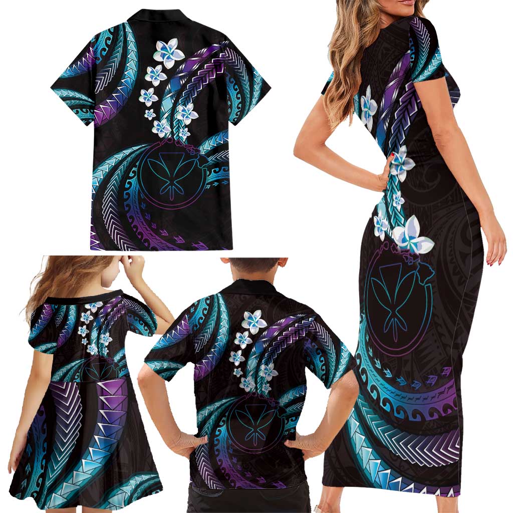 Hawaii Map Kanaka Maoli Family Matching Short Sleeve Bodycon Dress and Hawaiian Shirt Fantastic Frangipani Amethyst Gradient LT01 - Polynesian Pride