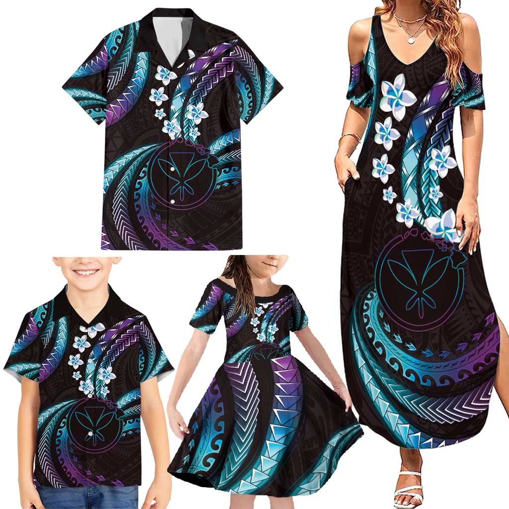 Hawaii Map Kanaka Maoli Family Matching Summer Maxi Dress and Hawaiian Shirt Fantastic Frangipani Amethyst Gradient LT01 - Polynesian Pride
