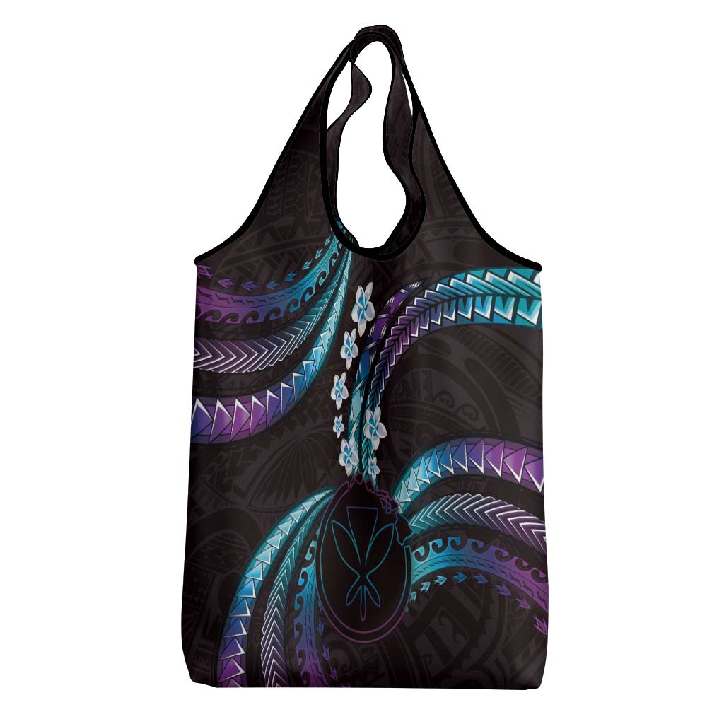 Hawaii Map Kanaka Maoli Grocery Bag Fantastic Frangipani Amethyst Gradient