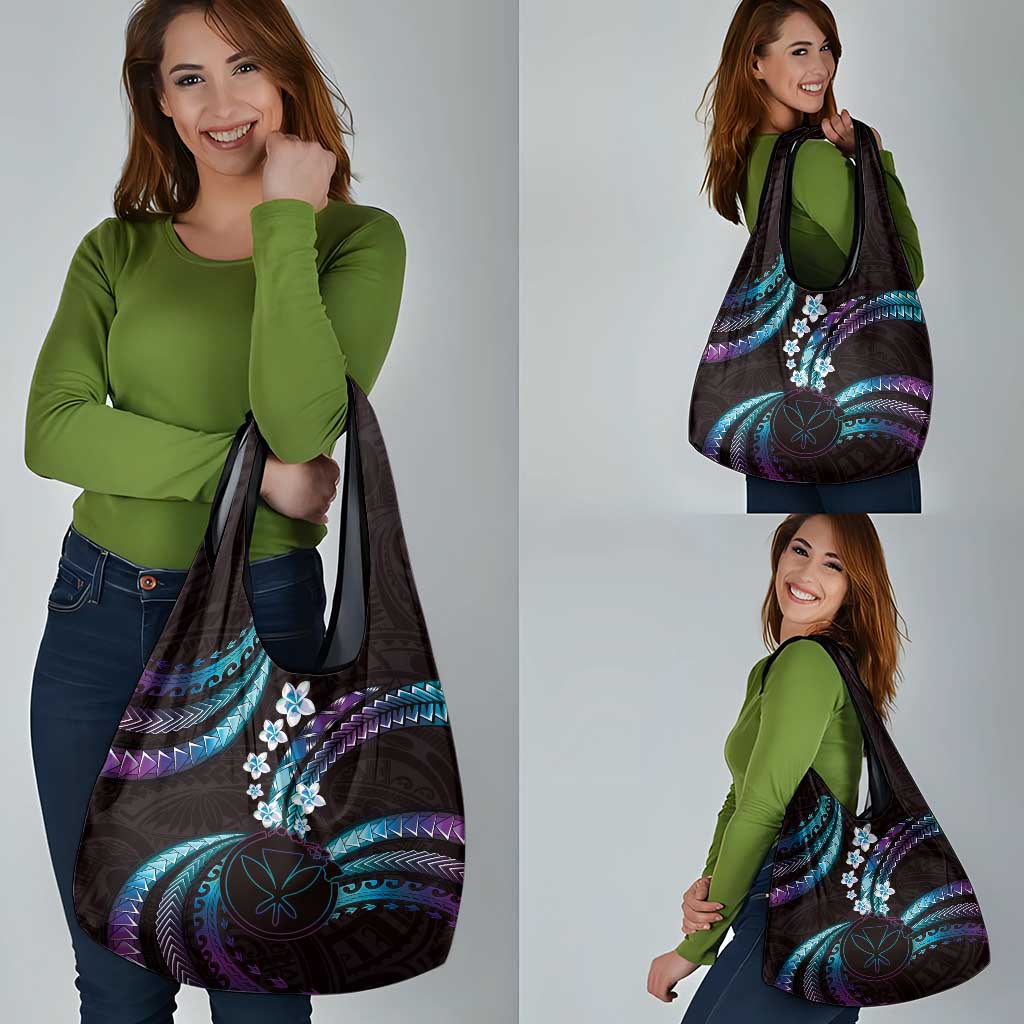 Hawaii Map Kanaka Maoli Grocery Bag Fantastic Frangipani Amethyst Gradient
