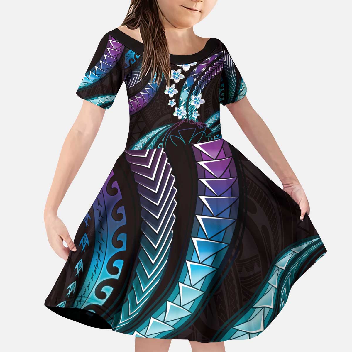 Hawaii Map Kanaka Maoli Kid Short Sleeve Dress Fantastic Frangipani Amethyst Gradient