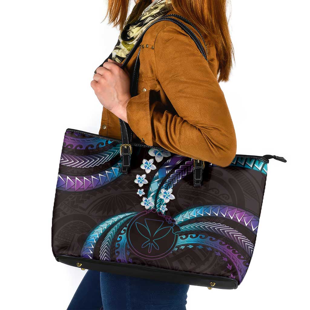 Hawaii Map Kanaka Maoli Leather Tote Bag Fantastic Frangipani Amethyst Gradient
