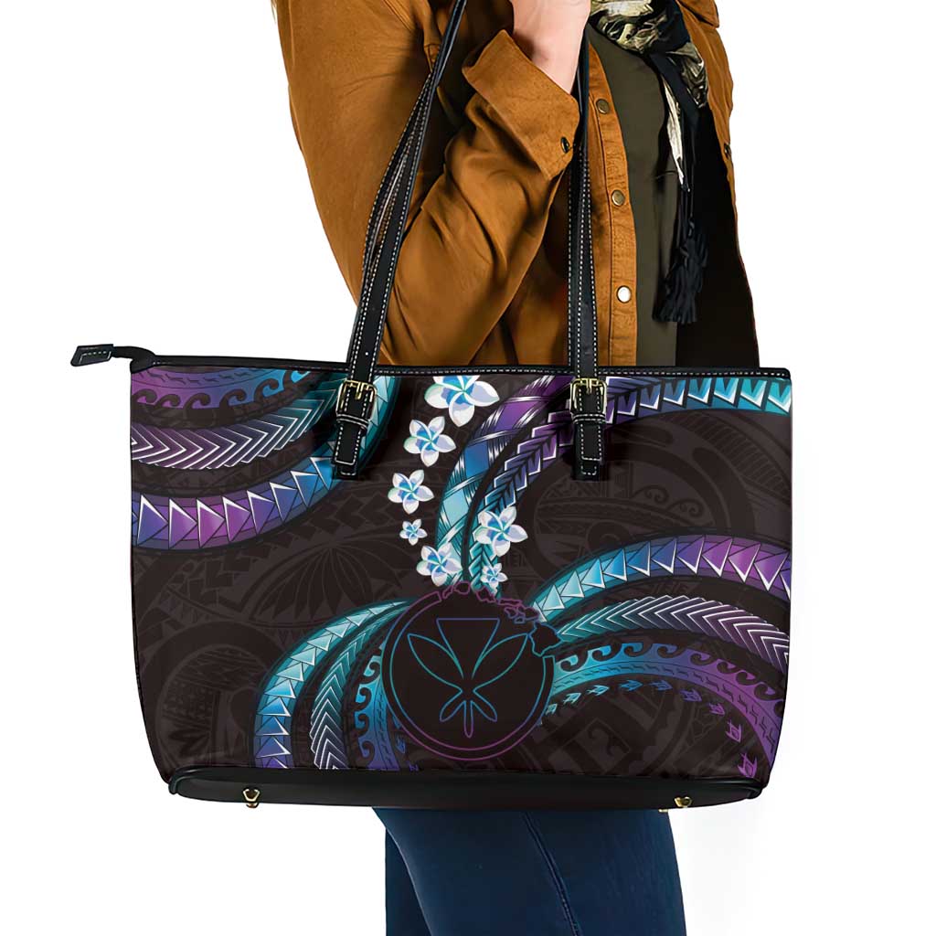 Hawaii Map Kanaka Maoli Leather Tote Bag Fantastic Frangipani Amethyst Gradient