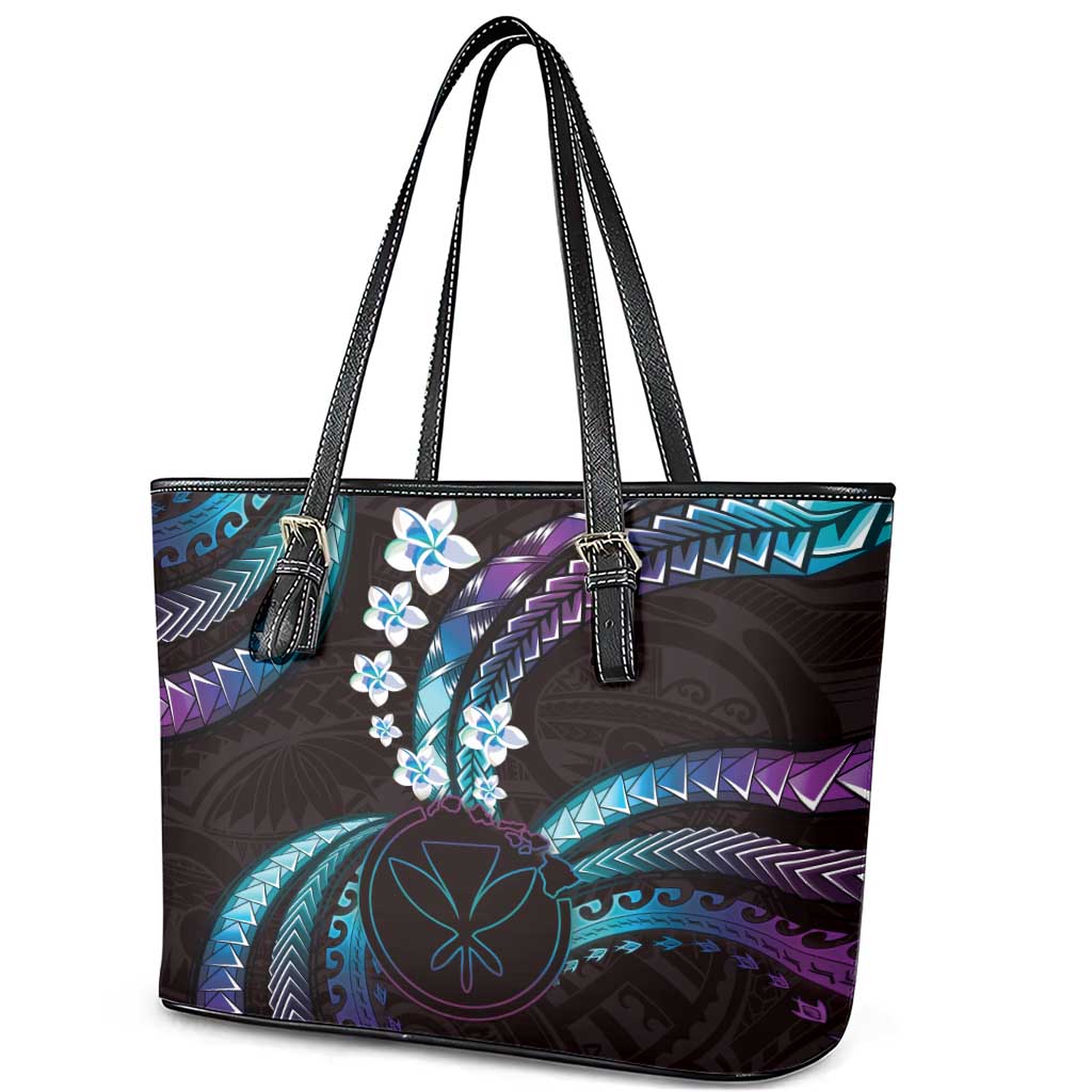 Hawaii Map Kanaka Maoli Leather Tote Bag Fantastic Frangipani Amethyst Gradient