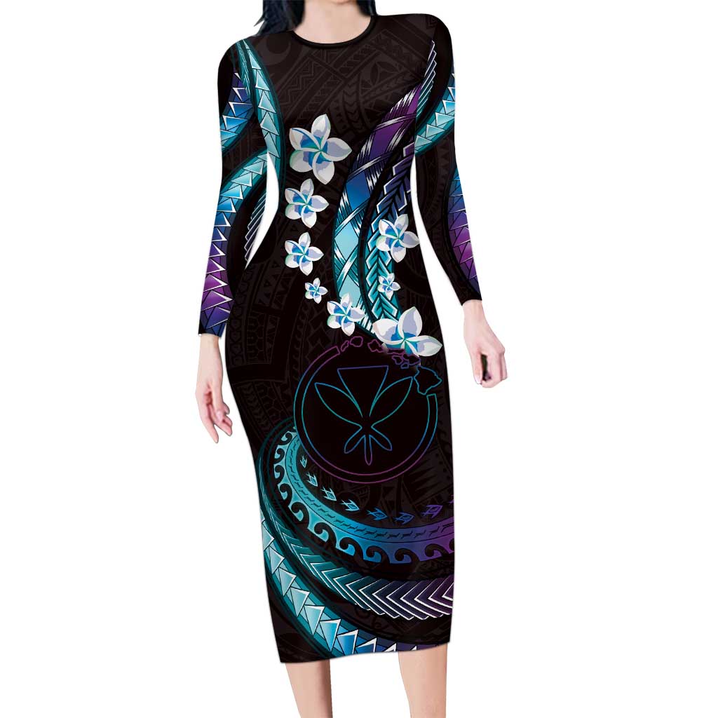 Hawaii Map Kanaka Maoli Long Sleeve Bodycon Dress Fantastic Frangipani Amethyst Gradient