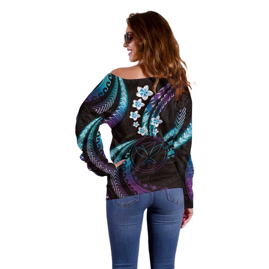 Hawaii Map Kanaka Maoli Off Shoulder Sweater Fantastic Frangipani Amethyst Gradient