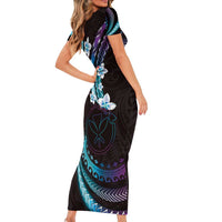 Hawaii Map Kanaka Maoli Short Sleeve Bodycon Dress Fantastic Frangipani Amethyst Gradient