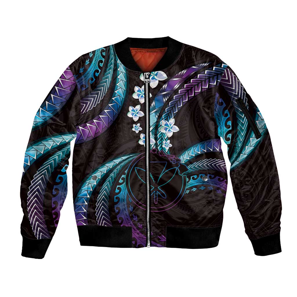 Hawaii Map Kanaka Maoli Sleeve Zip Bomber Jacket Fantastic Frangipani Amethyst Gradient LT01 Unisex Purple - Polynesian Pride
