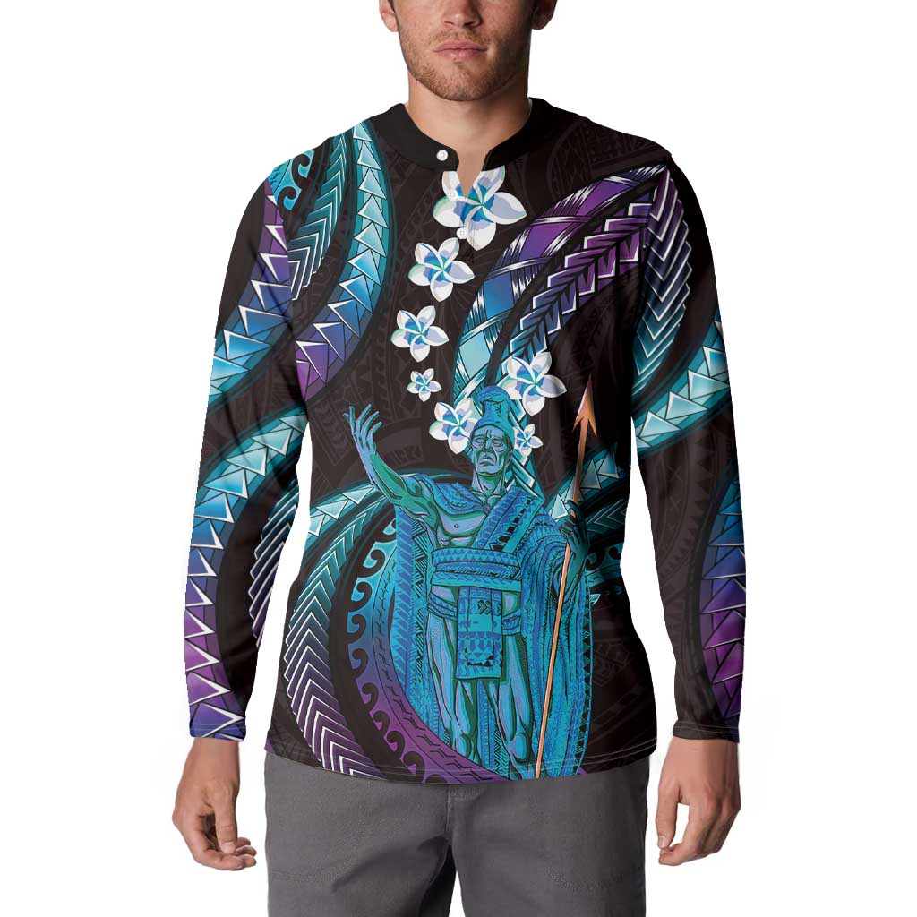 Hawaii King Kamehameha Button Sweatshirt Fantastic Plumeria Amethyst Gradient