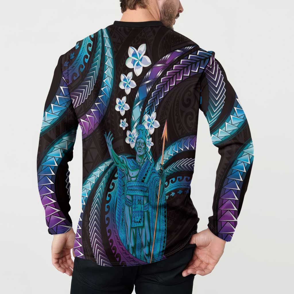 Hawaii King Kamehameha Button Sweatshirt Fantastic Plumeria Amethyst Gradient