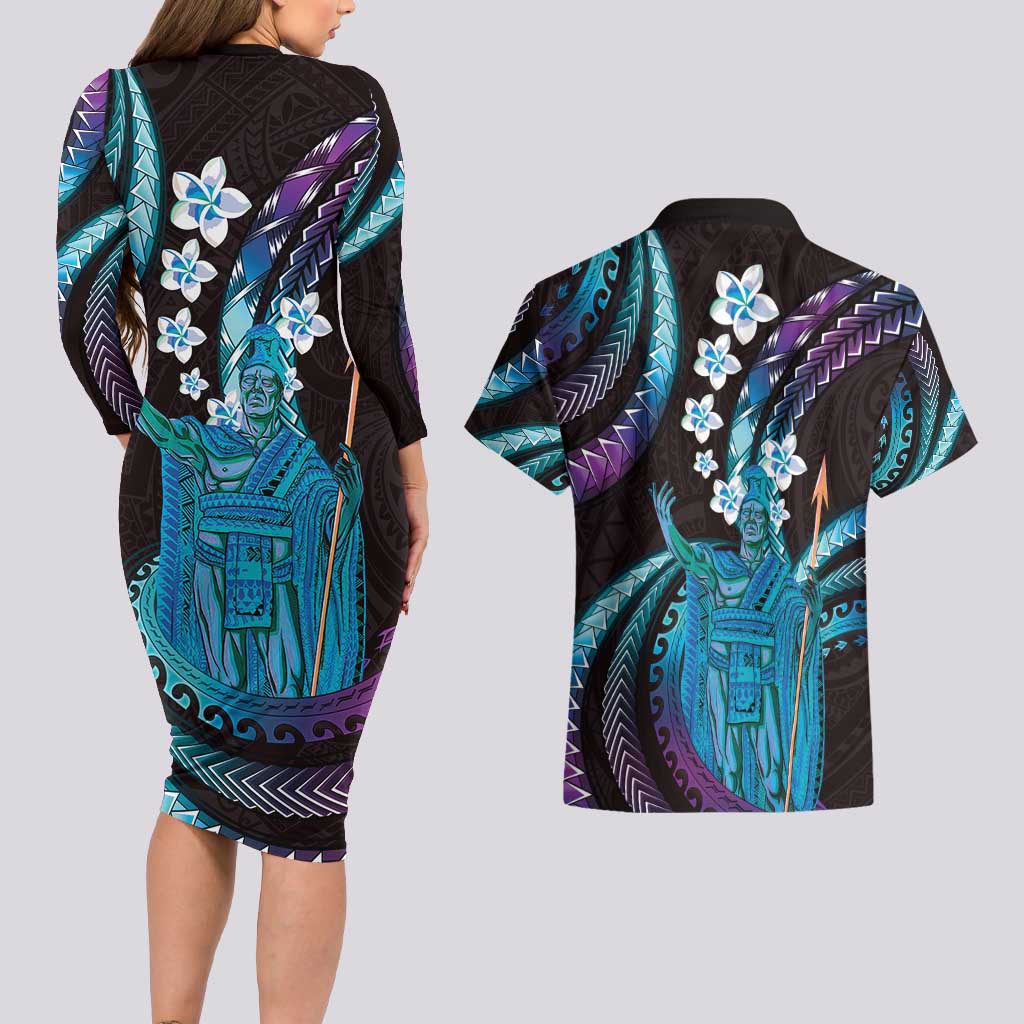 Hawaii King Kamehameha Couples Matching Long Sleeve Bodycon Dress and Hawaiian Shirt Fantastic Plumeria Amethyst Gradient LT01 - Polynesian Pride