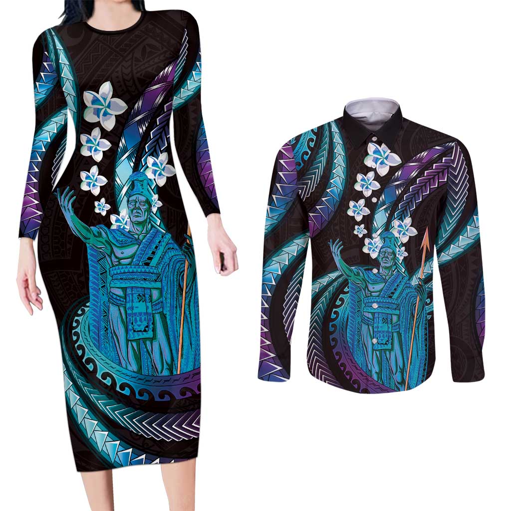 Hawaii King Kamehameha Couples Matching Long Sleeve Bodycon Dress and Long Sleeve Button Shirt Fantastic Plumeria Amethyst Gradient