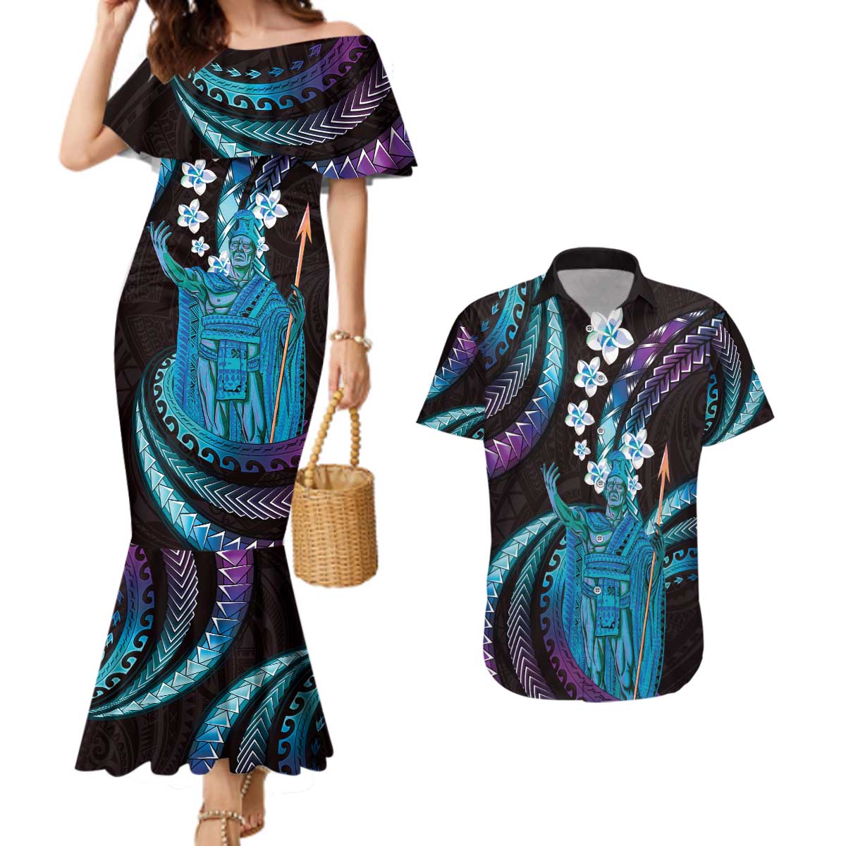 Hawaii King Kamehameha Couples Matching Mermaid Dress and Hawaiian Shirt Fantastic Plumeria Amethyst Gradient
