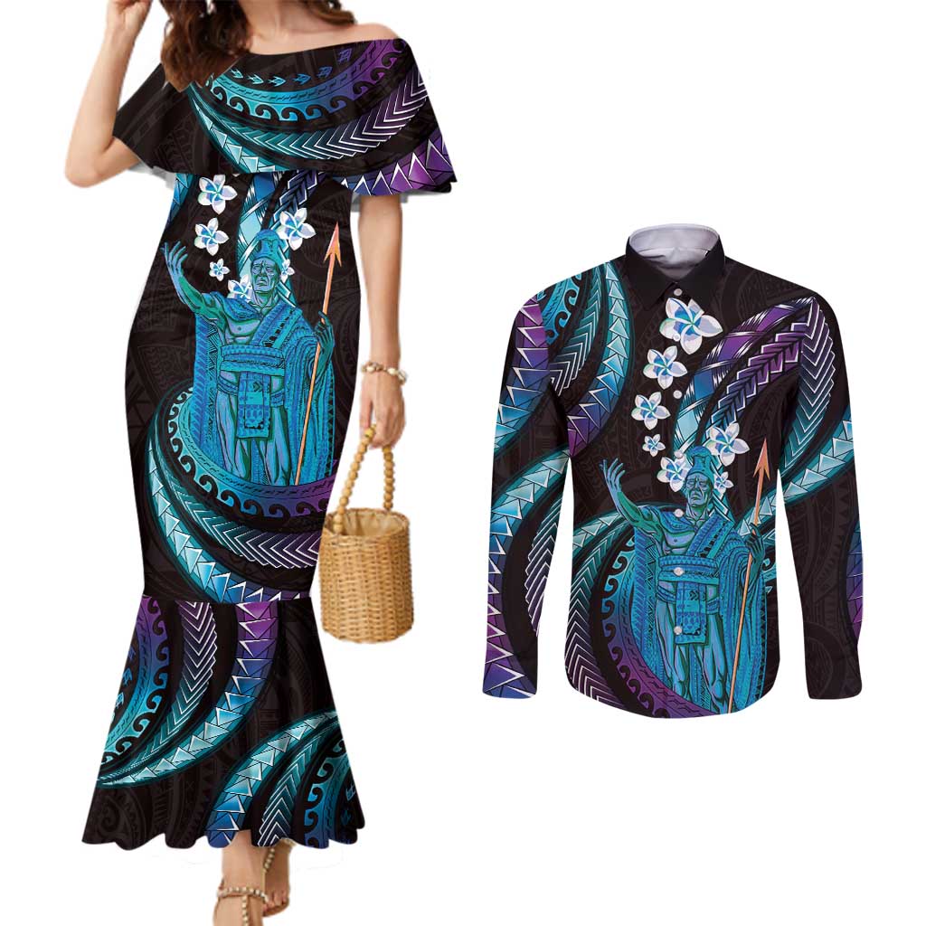 Hawaii King Kamehameha Couples Matching Mermaid Dress and Long Sleeve Button Shirt Fantastic Plumeria Amethyst Gradient