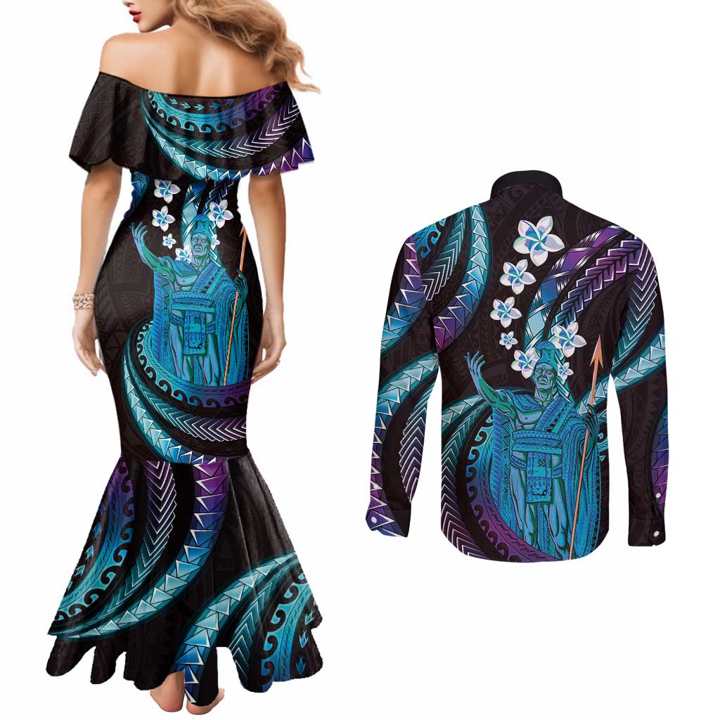 Hawaii King Kamehameha Couples Matching Mermaid Dress and Long Sleeve Button Shirt Fantastic Plumeria Amethyst Gradient