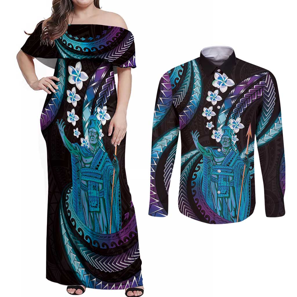 Hawaii King Kamehameha Couples Matching Off Shoulder Maxi Dress and Long Sleeve Button Shirt Fantastic Plumeria Amethyst Gradient