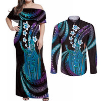 Hawaii King Kamehameha Couples Matching Off Shoulder Maxi Dress and Long Sleeve Button Shirt Fantastic Plumeria Amethyst Gradient